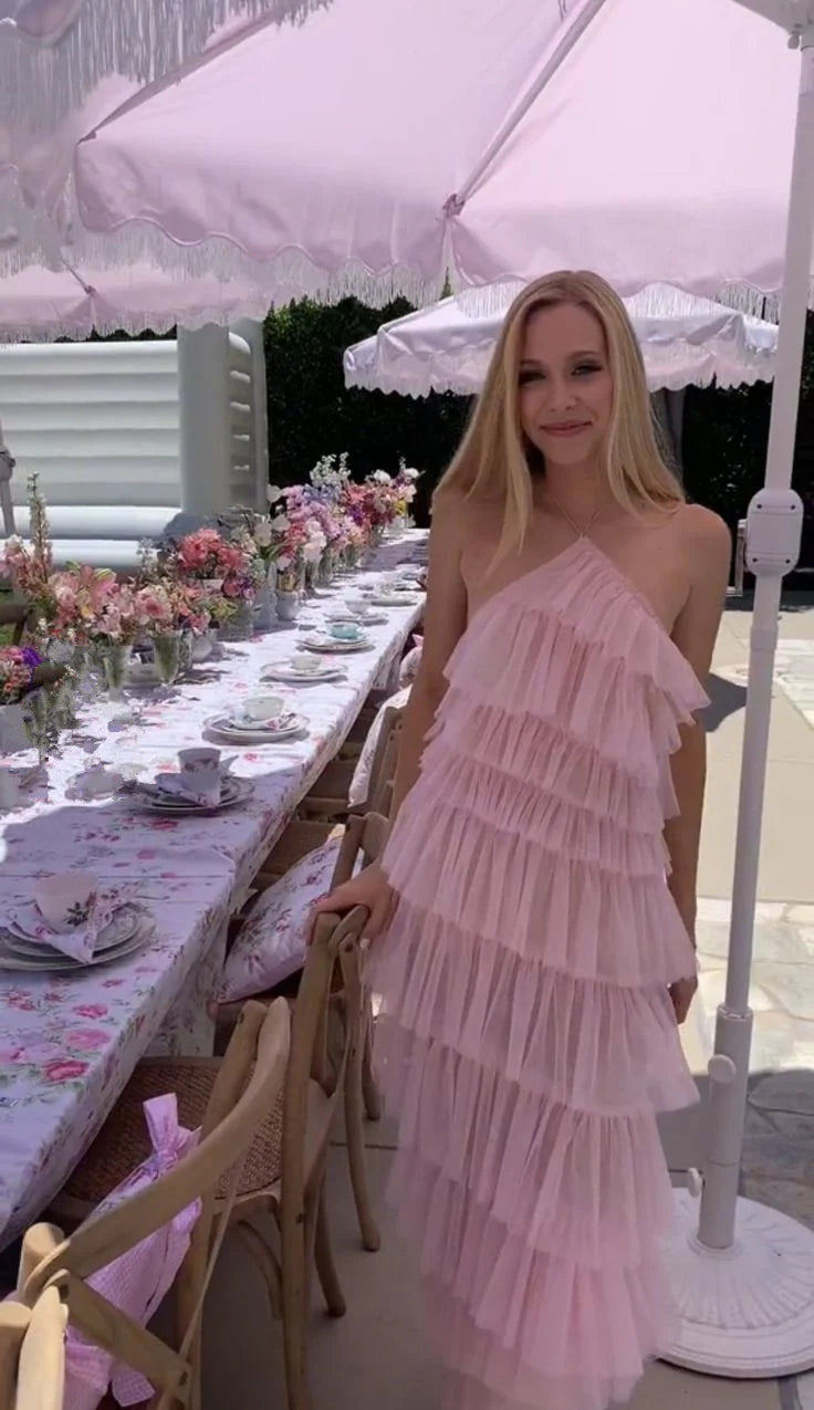 New Halter Tiered Slit Tulle Pink Long Prom Dress Evening Dress