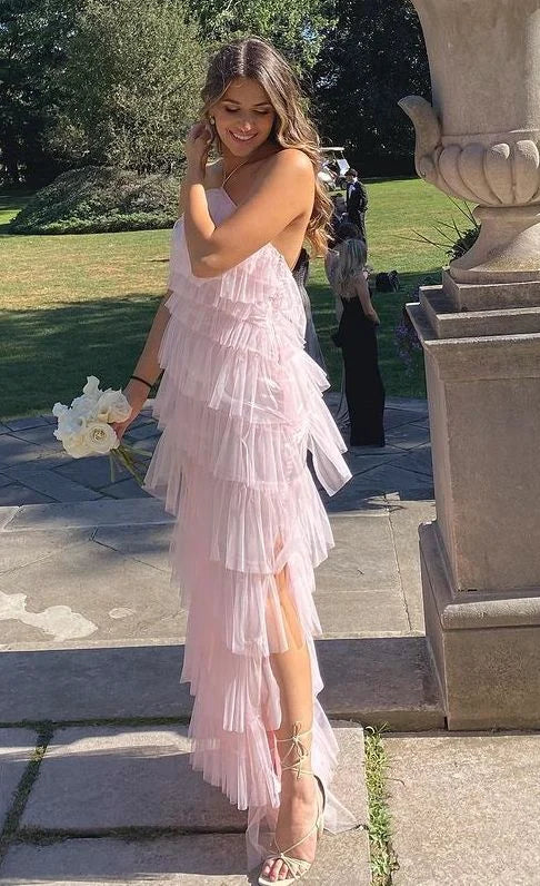 New Halter Tiered Slit Tulle Pink Long Prom Dress Evening Dress