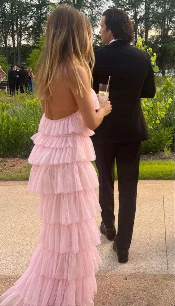 New Halter Tiered Slit Tulle Pink Long Prom Dress Evening Dress