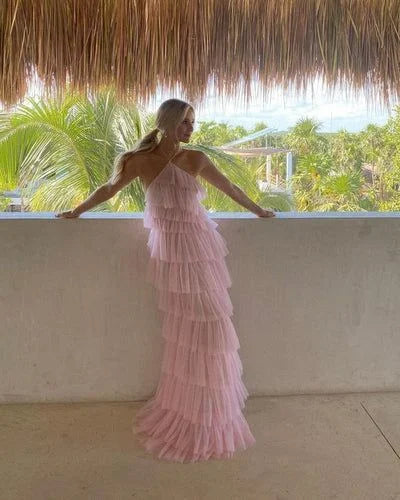New Halter Tiered Slit Tulle Pink Long Prom Dress Evening Dress