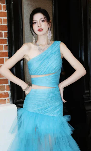 New Mermaid One Shoulder Cutout Tulle Blue Formal Evening Dress Prom Dress