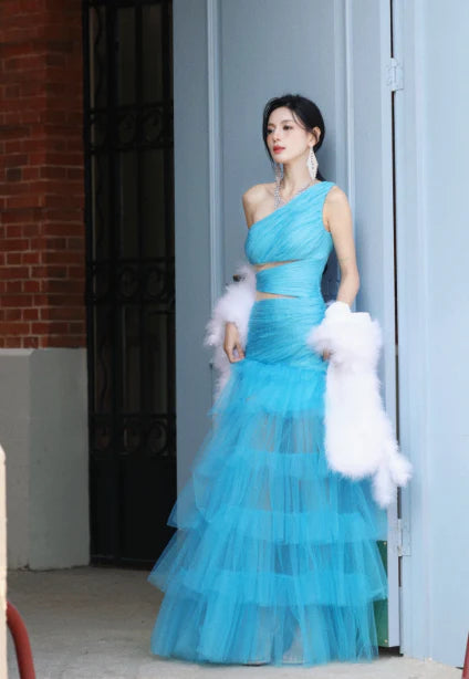 New Mermaid One Shoulder Cutout Tulle Blue Formal Evening Dress Prom Dress