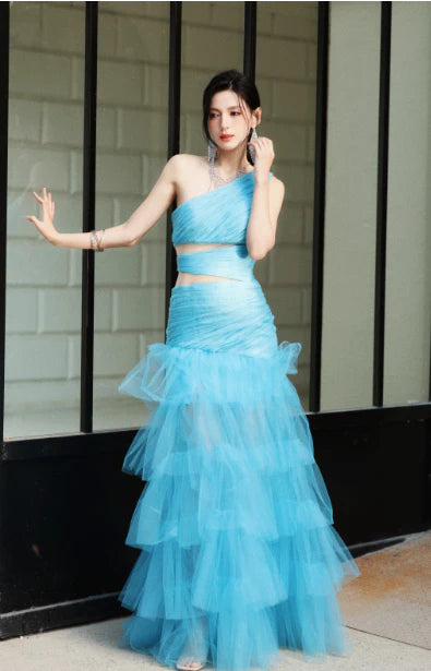 New Mermaid One Shoulder Cutout Tulle Blue Formal Evening Dress Prom Dress