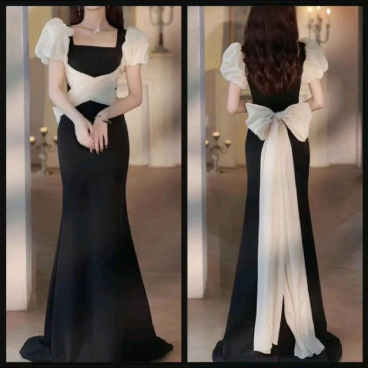 New Mermaid Square Neck Short Sleeves Bow Floor Length Prom Dress