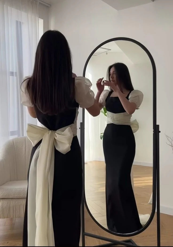 New Mermaid Square Neck Short Sleeves Bow Floor Length Prom Dress
