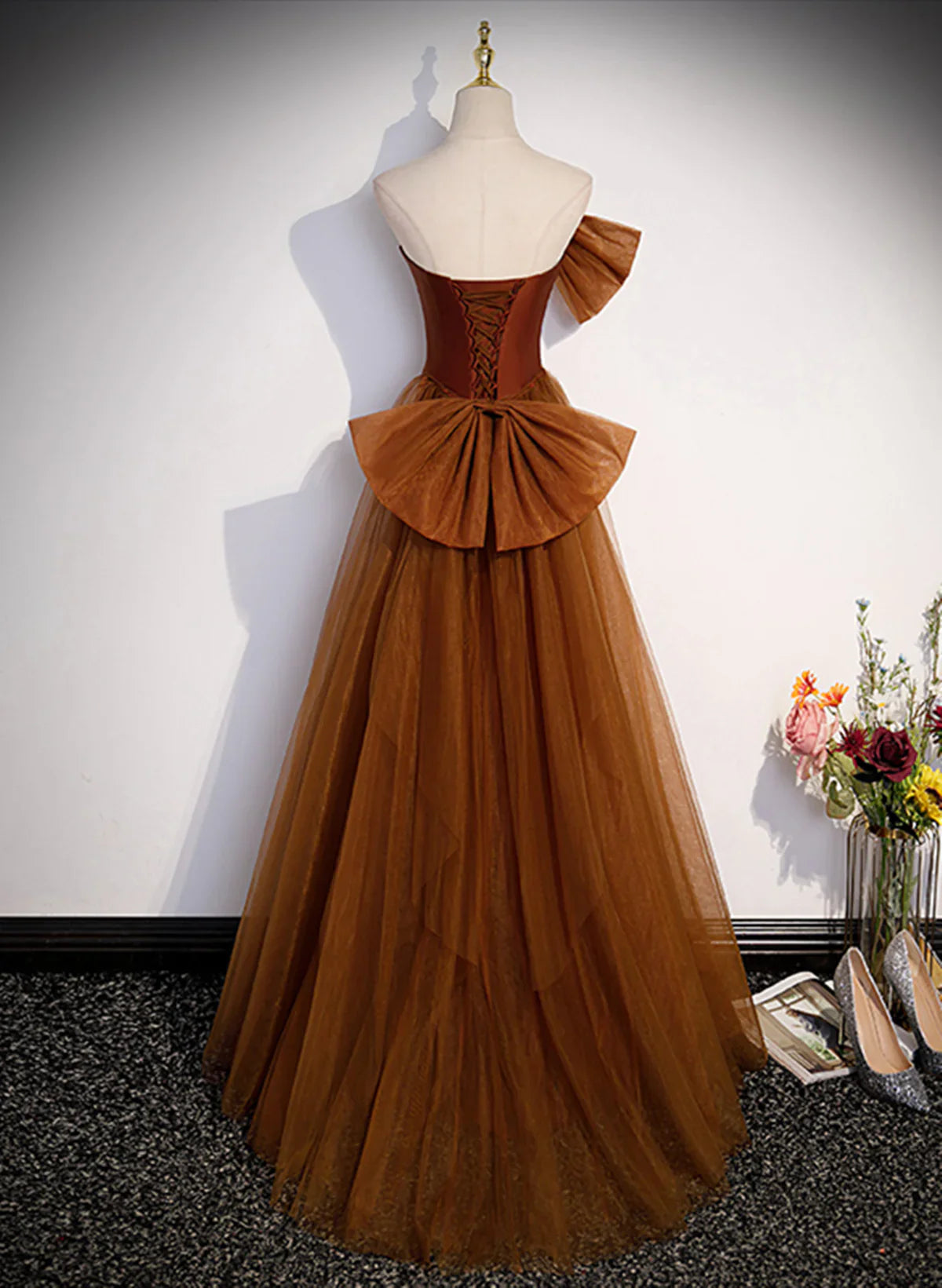 New Mermaid Strapless Bow Tulle Satin Brown Long Party Dress Prom Dress