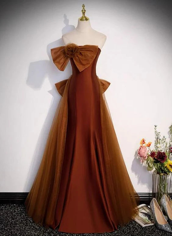 New Mermaid Strapless Bow Tulle Satin Brown Long Party Dress Prom Dress