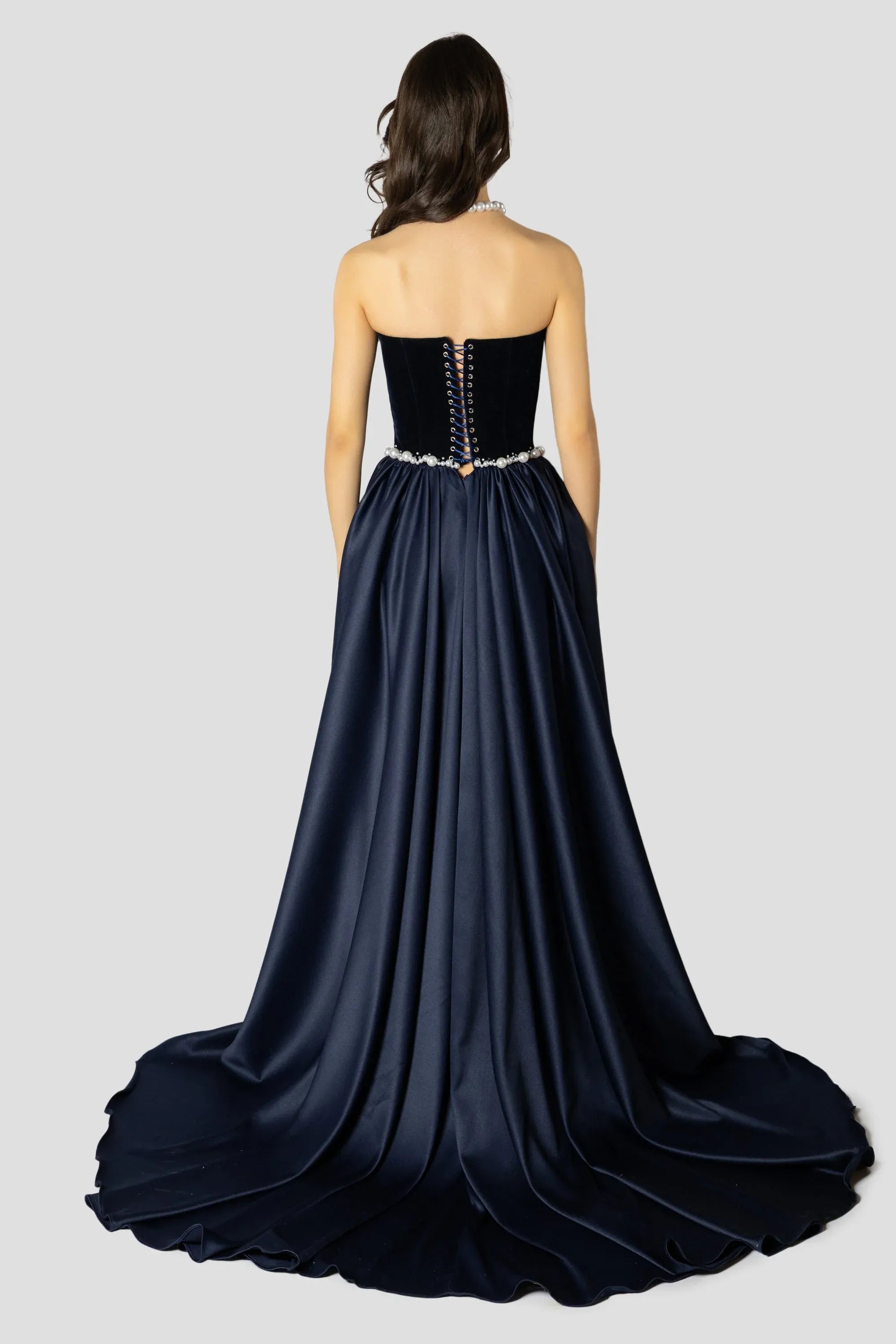New Pretty A-line Strapless Pearl Lace-Up Navy Prom Dress With Train Custom