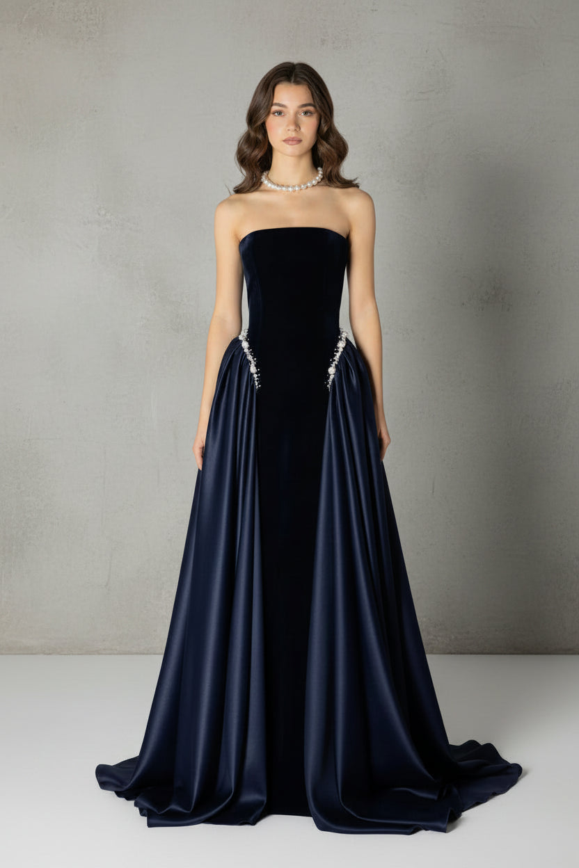 New Pretty A-line Strapless Pearl Lace-Up Navy Prom Dress With Train Custom