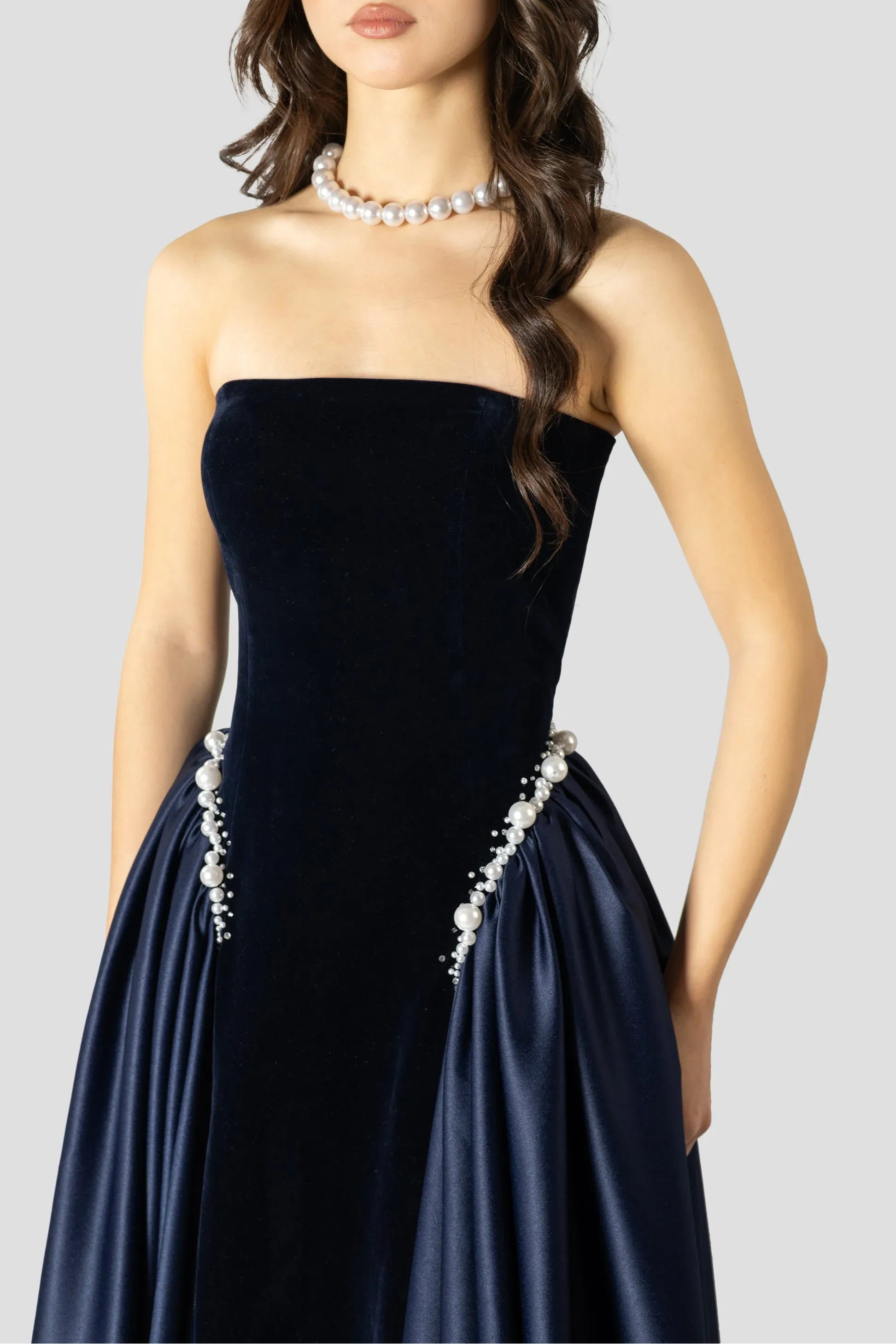 New Pretty A-line Strapless Pearl Lace-Up Navy Prom Dress With Train Custom