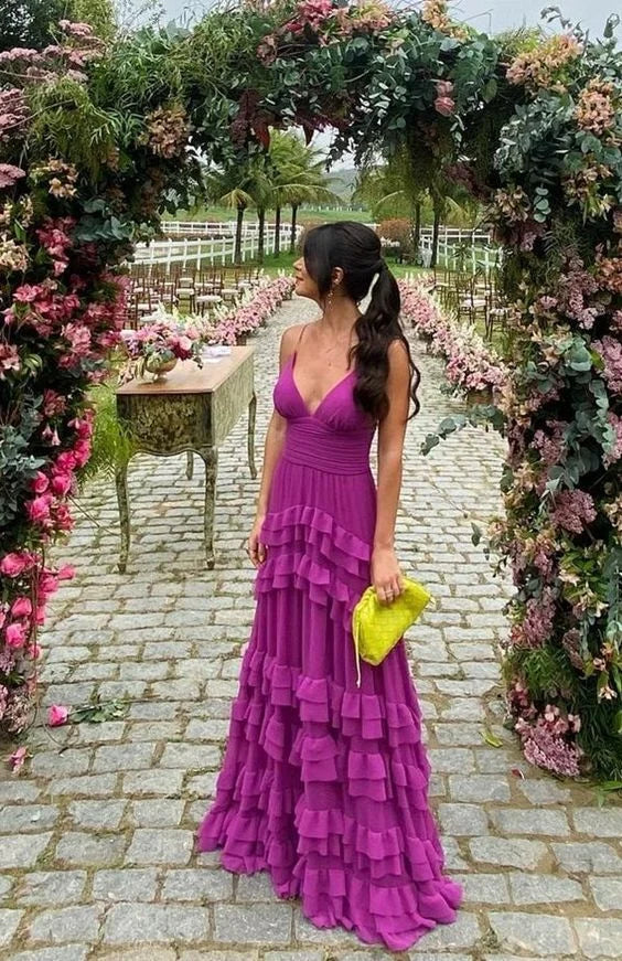 New V Neck Ruffle Tiered Purple Floor Length Prom Dress Party Dress