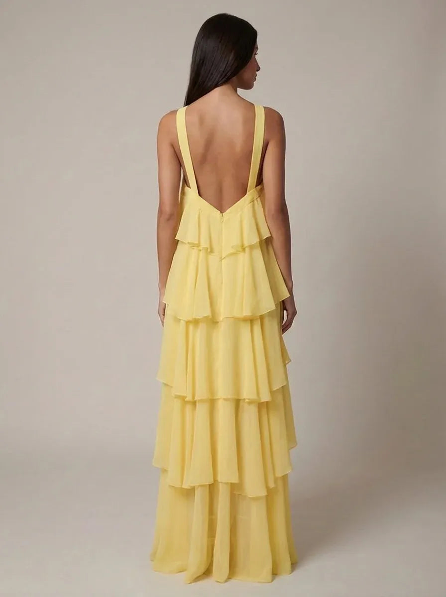 New Whimsical A-Line Halter 3D Flower Tiered Yellow Floor-Length Prom Dress