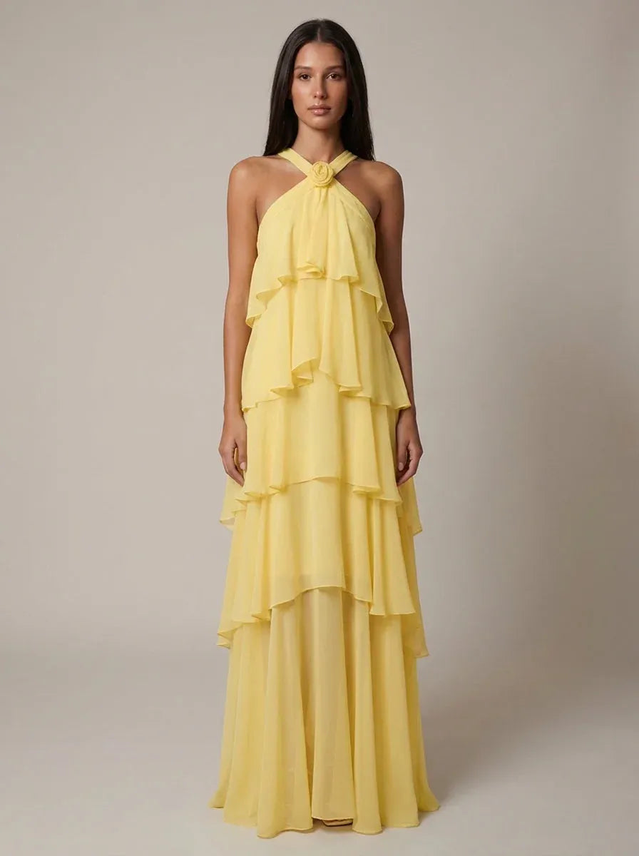 New Whimsical A-Line Halter 3D Flower Tiered Yellow Floor-Length Prom Dress