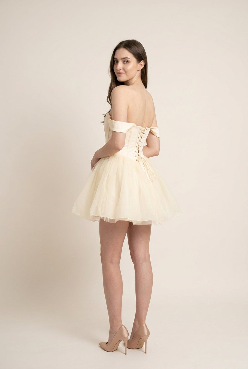 New A-Line Off-Shoulder Corset Tulle Ivory Mini Homecoming Dress Hot Sale