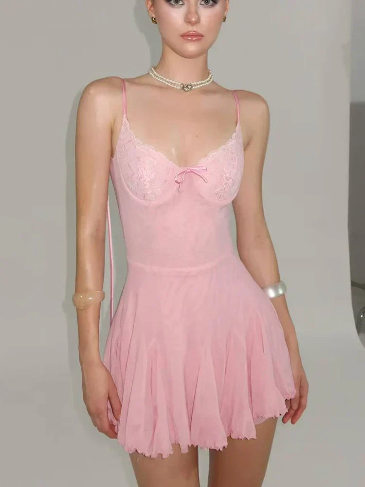 New A-Line Sweetheart Tie-Shoulder Lace Bodice Pink Mini Homecoming Dresses