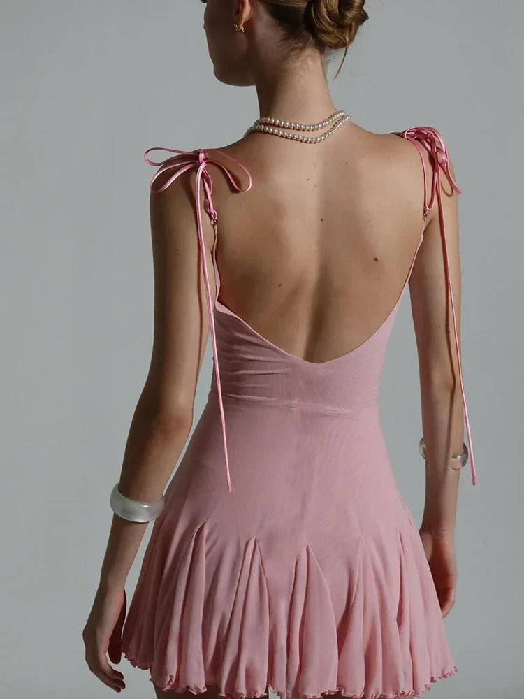 New A-Line Sweetheart Tie-Shoulder Lace Bodice Pink Mini Homecoming Dresses