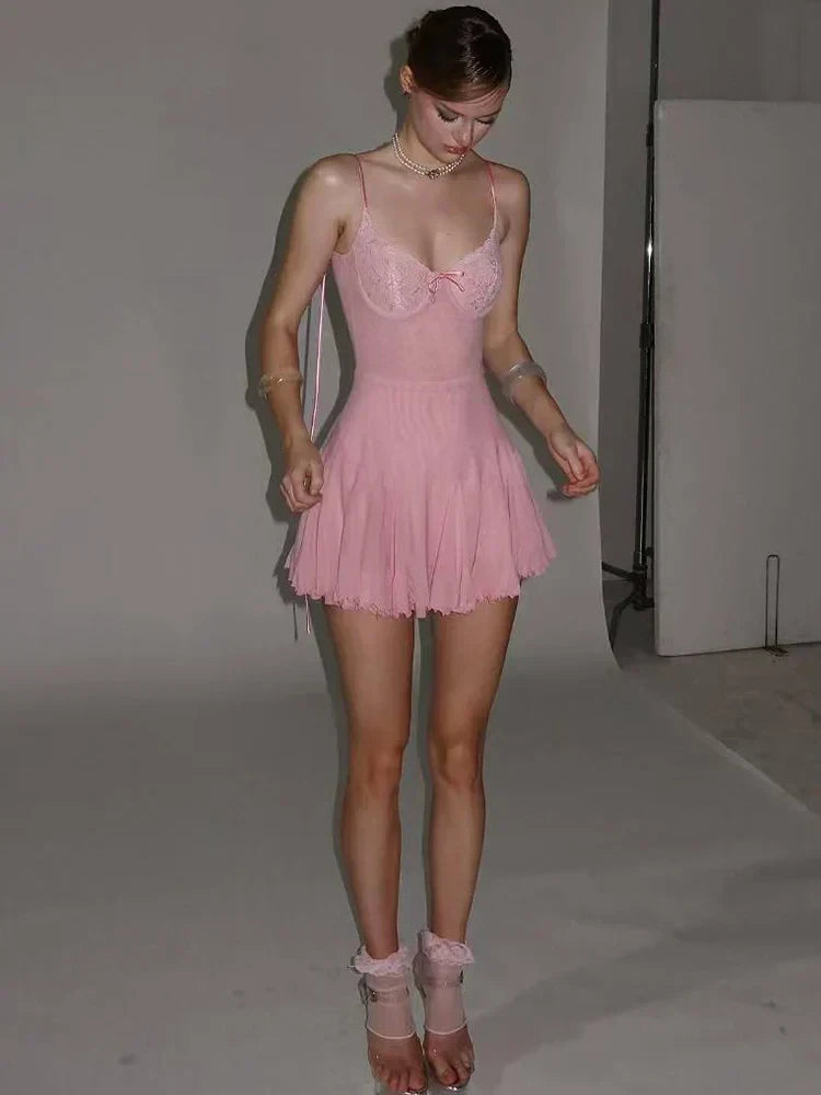 New A-Line Sweetheart Tie-Shoulder Lace Bodice Pink Mini Homecoming Dresses