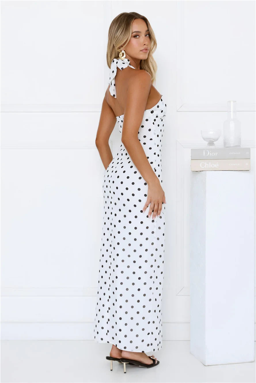 New Sheath Halter Keyhole Cutout Slit Polka Dot White Maxi Prom Dress For Sale