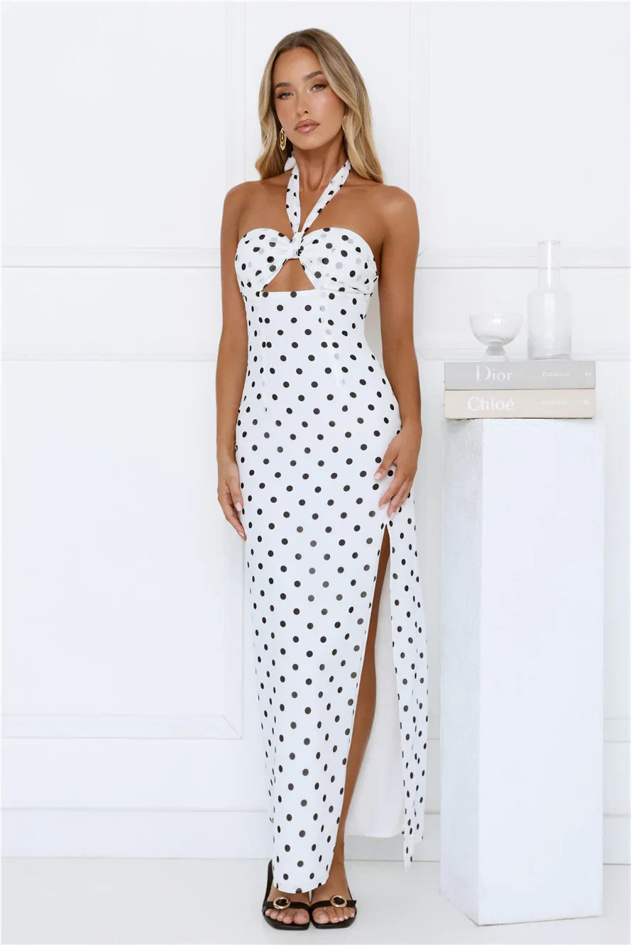 New Sheath Halter Keyhole Cutout Slit Polka Dot White Maxi Prom Dress For Sale