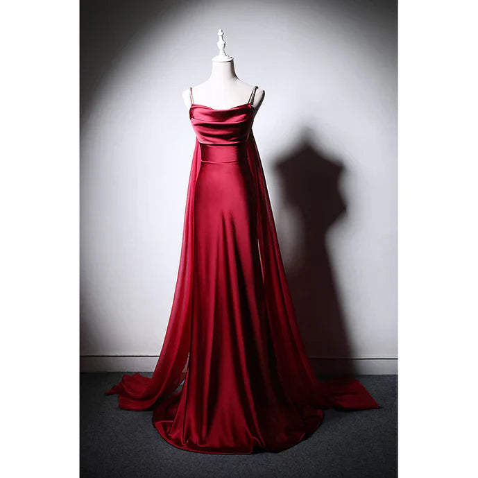 Wine Red Soft Satin Long Straps Long A-line Prom Dress