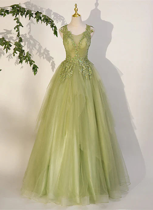 Light Green A-line Tulle with Lace Applique Prom Dress