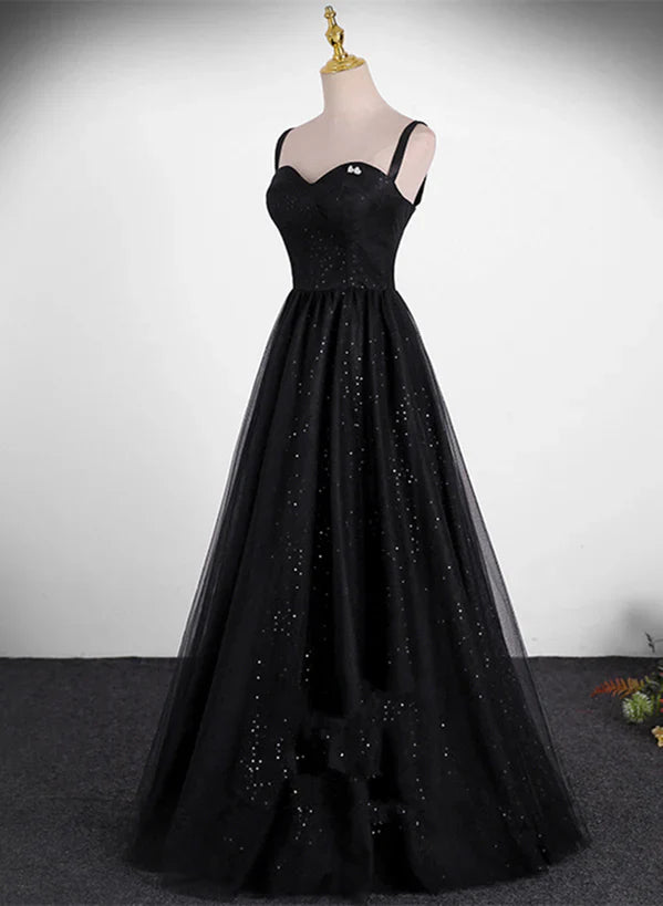 Black A-line Tulle Straps Simple Long Prom Dress