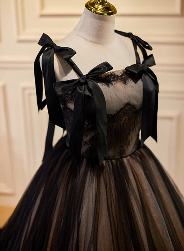 Black Straps Tulle with Lace Long Formal Dress