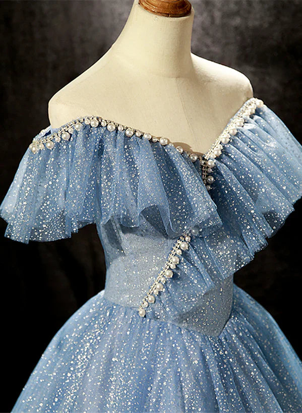 Shiny Blue Off Shoulder Beaded Long Party Prom Dress