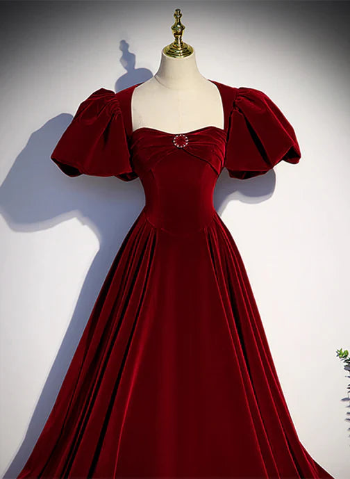 Wine Red Velvet Puffy Sleeves Long Party Prom Dress