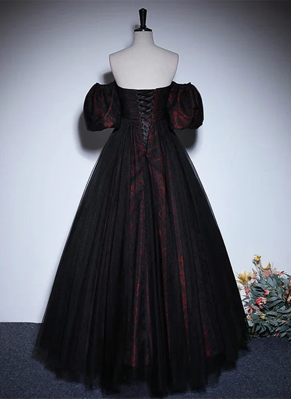 A-line Black and Red Lace Sweetheart Prom Dress