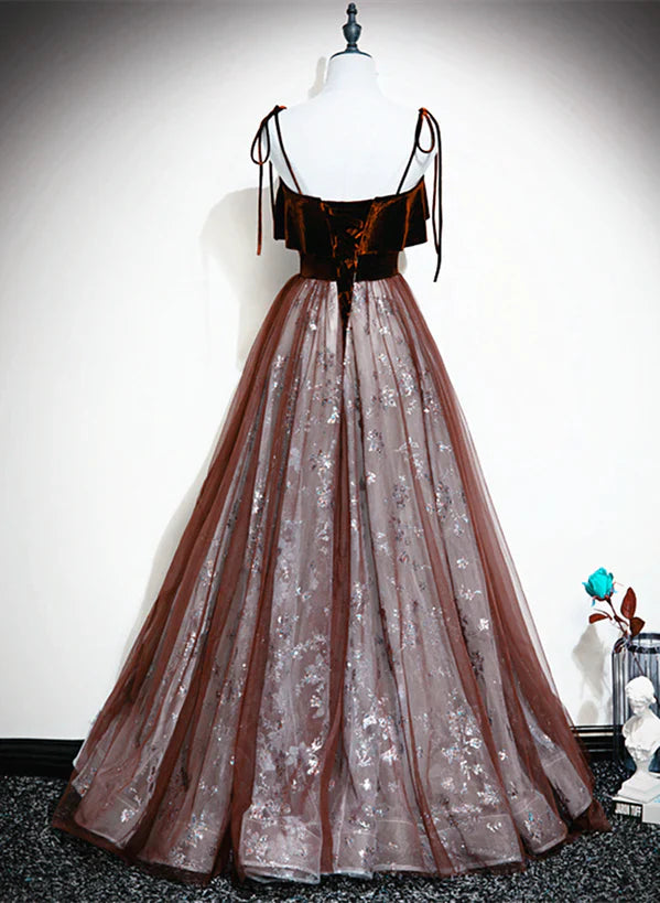 Wine Red Velvet and Tulle Straps Party A-line Tulle Formal Dress