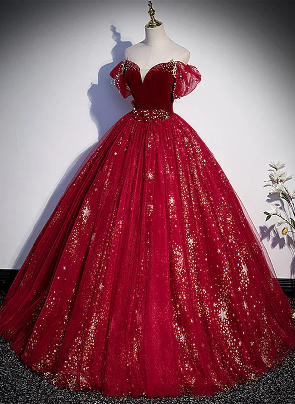 Wine Red Tulle Ball Gown Beaded Sweetheart Party Prom Dress
