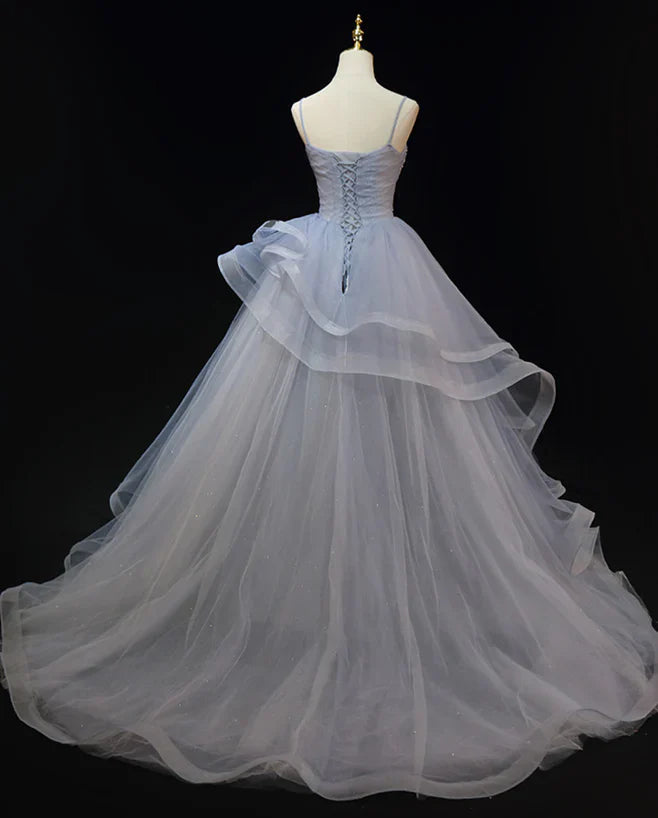 Grey Tulle Straps Layers Long Prom Dress Party Dress