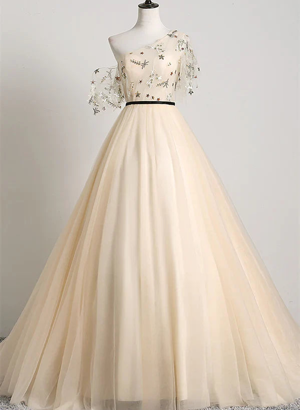 A-line Champagne One Shoulder Prom Dress