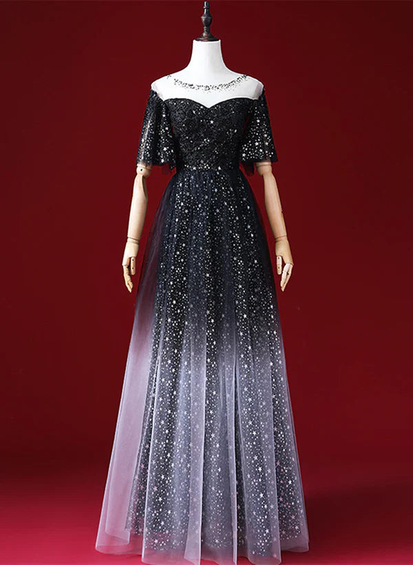 Black A-line Gradient Tulle Short Sleeves Prom Dress