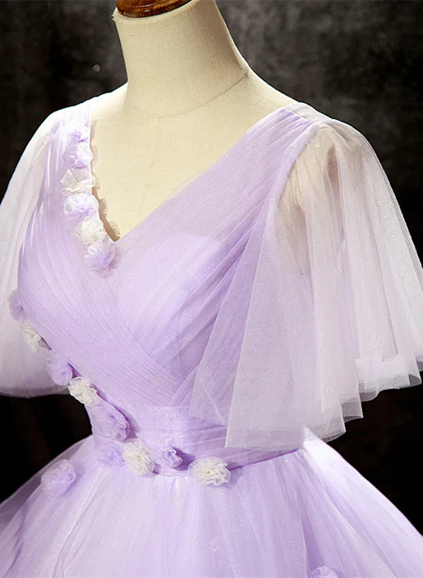 Lavender Tulle V-neckline Sweet 16 Dress with Flowers