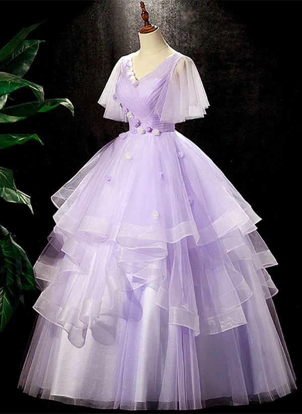 Lavender Tulle V-neckline Sweet 16 Dress with Flowers