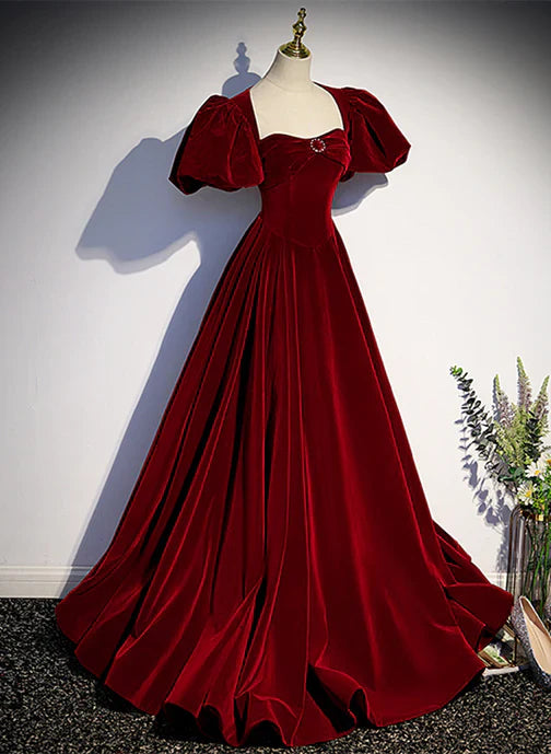 Wine Red Velvet Puffy Sleeves Long Party Prom Dress