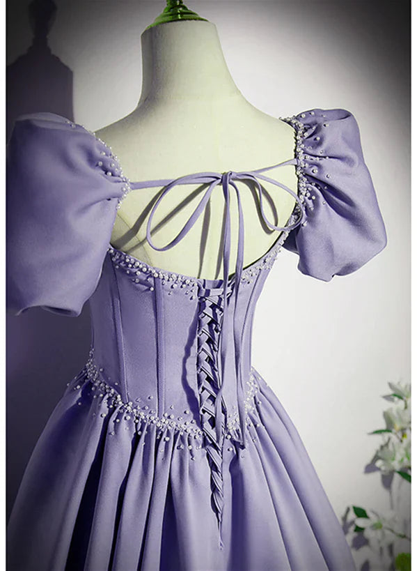 Light Purple Satin Short Sleeves Beaded Party A-line Long Prom Dress
