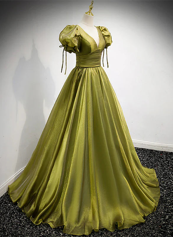 Light Green Short Sleeves Long A-line Prom Dress
