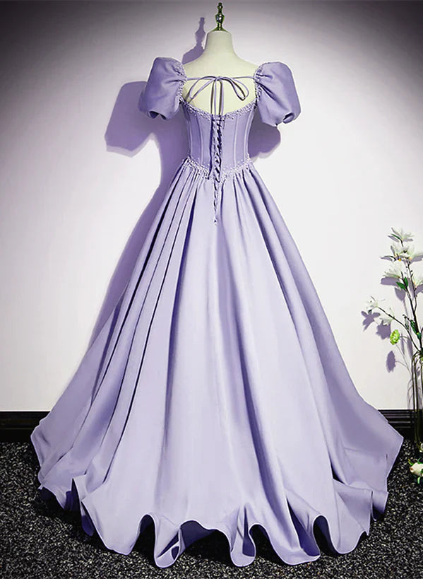 Light Purple Satin Short Sleeves Beaded Party A-line Long Prom Dress