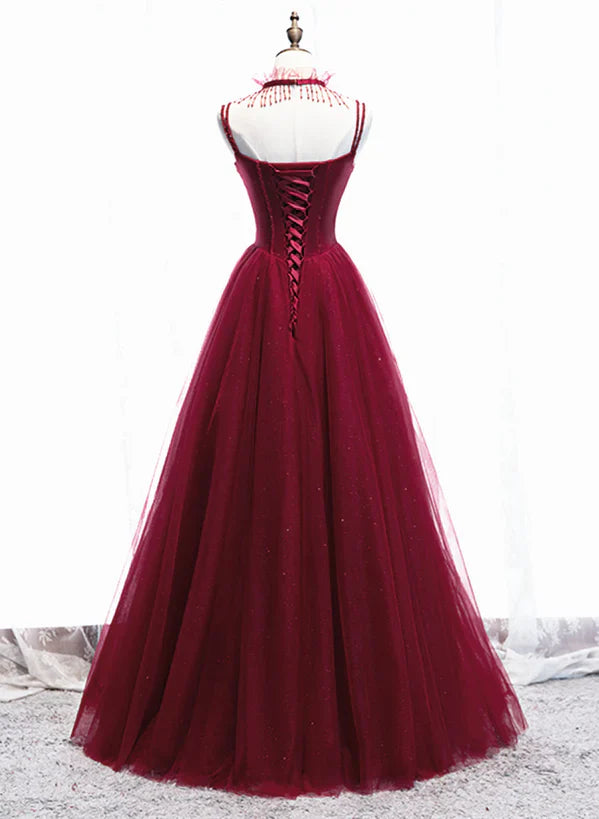Wine Red Beaded Straps Party Dress Prom Dress