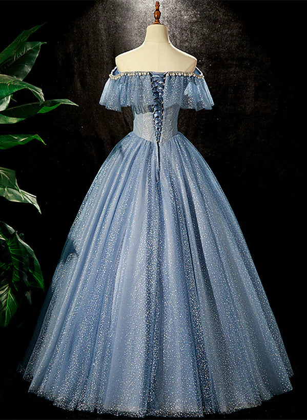 Shiny Blue Off Shoulder Beaded Long Party Prom Dress