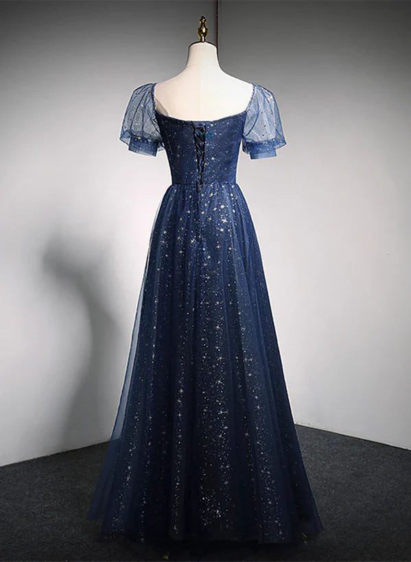 Navy Blue Long Off Shoulder A-line Prom Dress