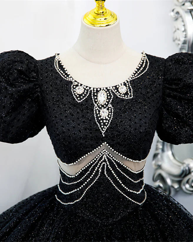 Glam Black Tulle Beaded Short Sleeves Prom Dress