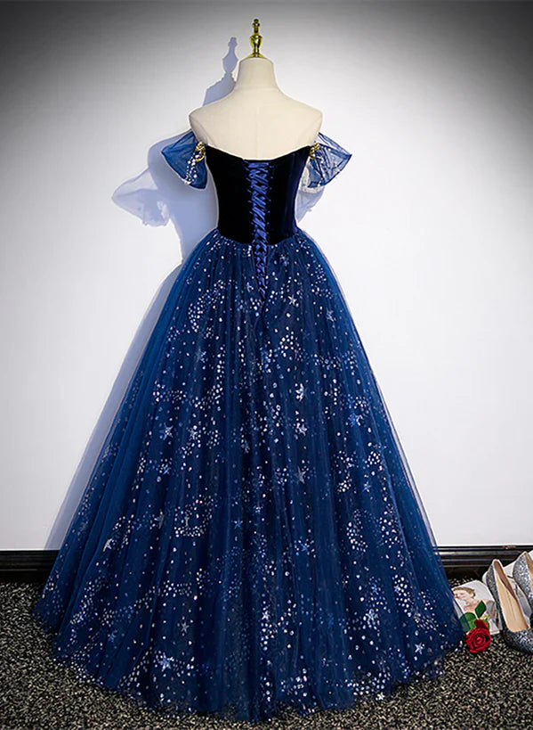 Navy Blue Tulle Off Shoulder Beaded Long Party Prom Dress