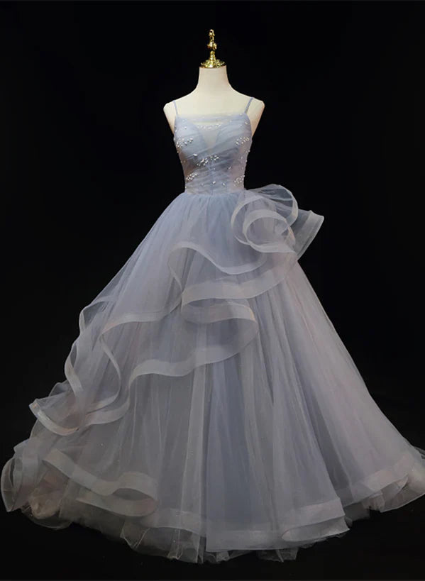 Grey Tulle Straps Layers Long Prom Dress Party Dress