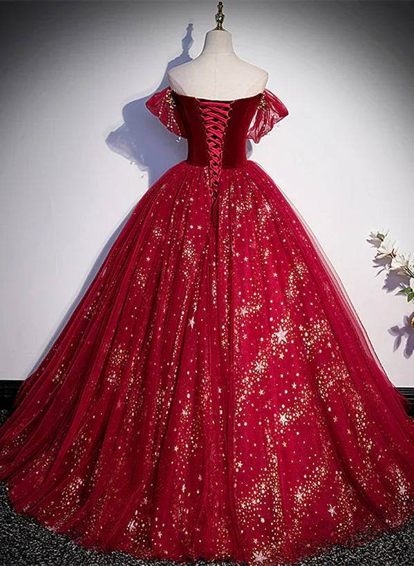 Wine Red Tulle Ball Gown Beaded Sweetheart Party Prom Dress