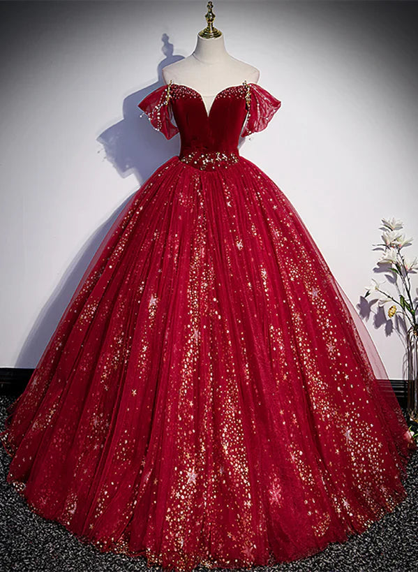 Wine Red Tulle Ball Gown Beaded Sweetheart Party Prom Dress