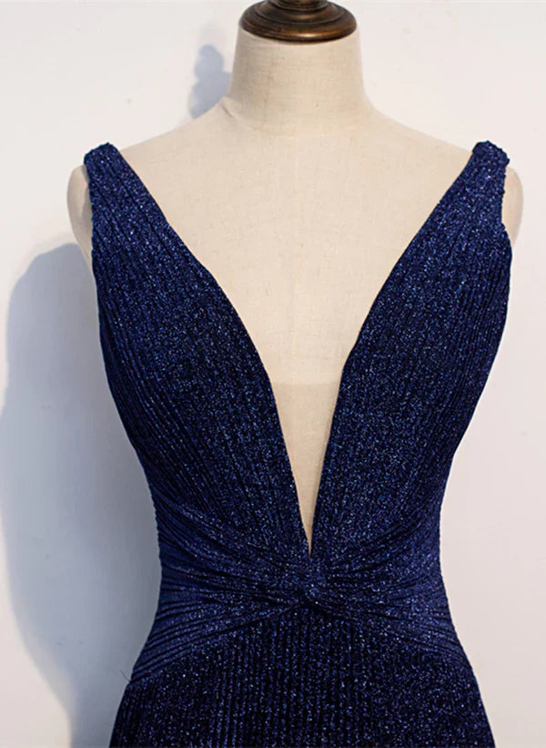 A-line Navy Blue V-neckline Long Party Prom Dress